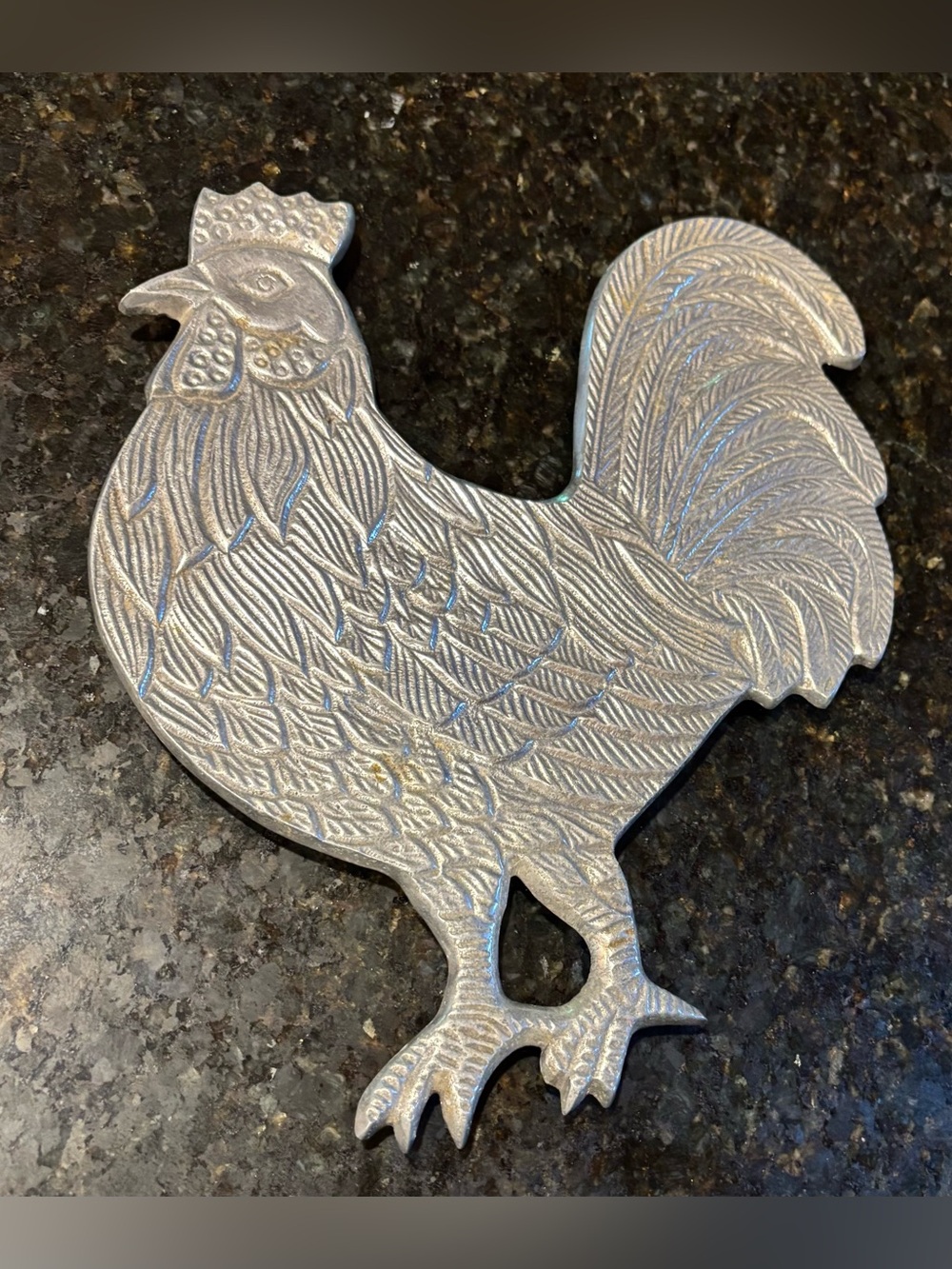 VTG Cast Aluminum Rooster Trivet/Wall Hanging Silver Tone 11.5” X 10” Farmhouse